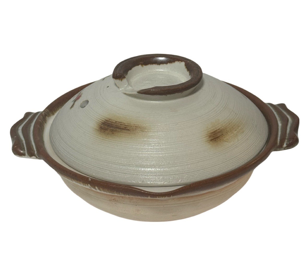 Japanese Donabe Clay Hot Pot Cherry Blossom Design Earthenware 7.5” Made Japan