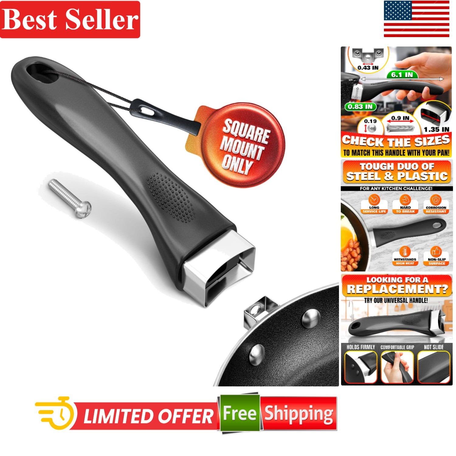 Ergonomic Black 6.1″ Pot Handle Replacement with Nonslip Grip for Kitchen Safety