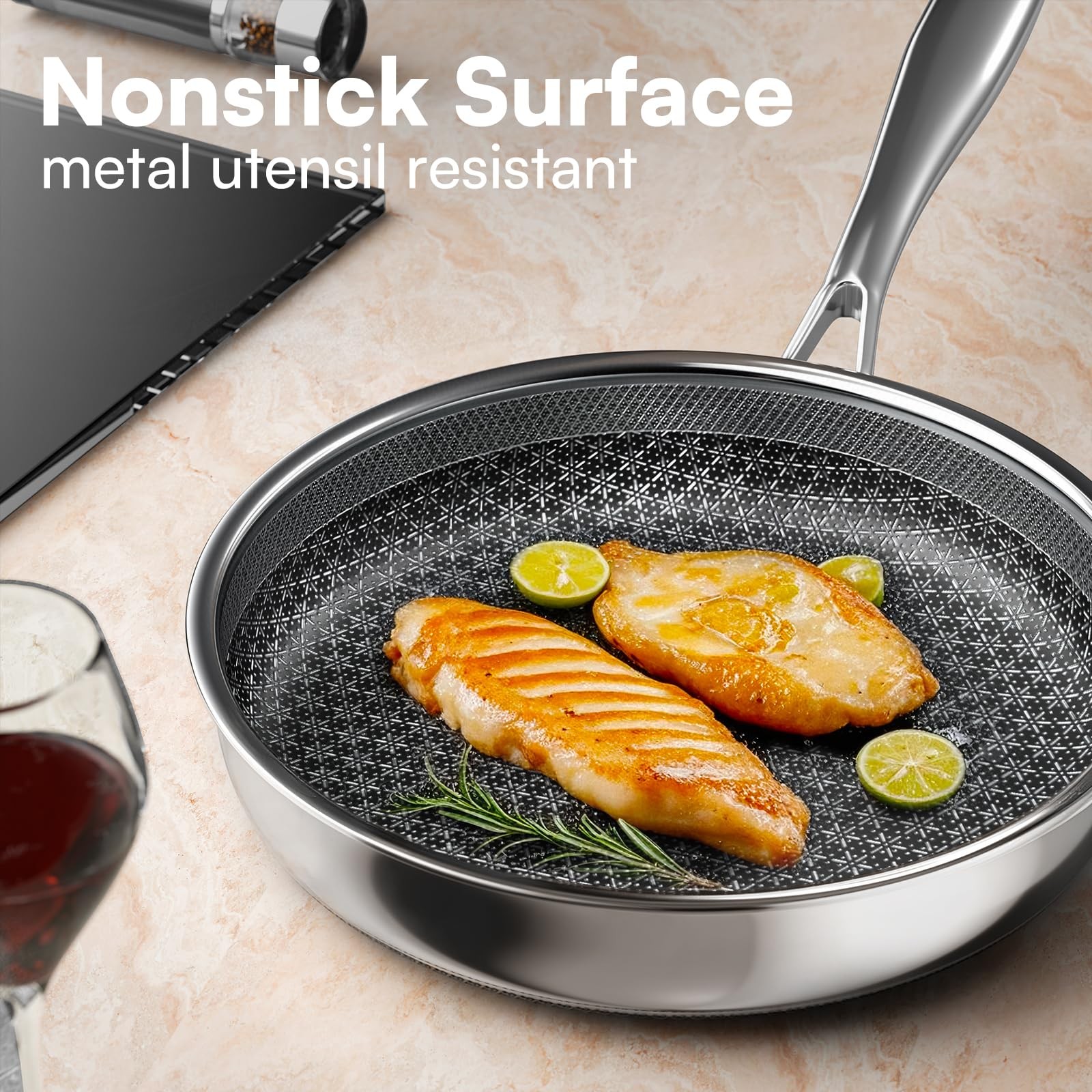 KURRUNGIE Non Stick Frying Pans with lid, 12 inch Hybrid 12-inch, Silver