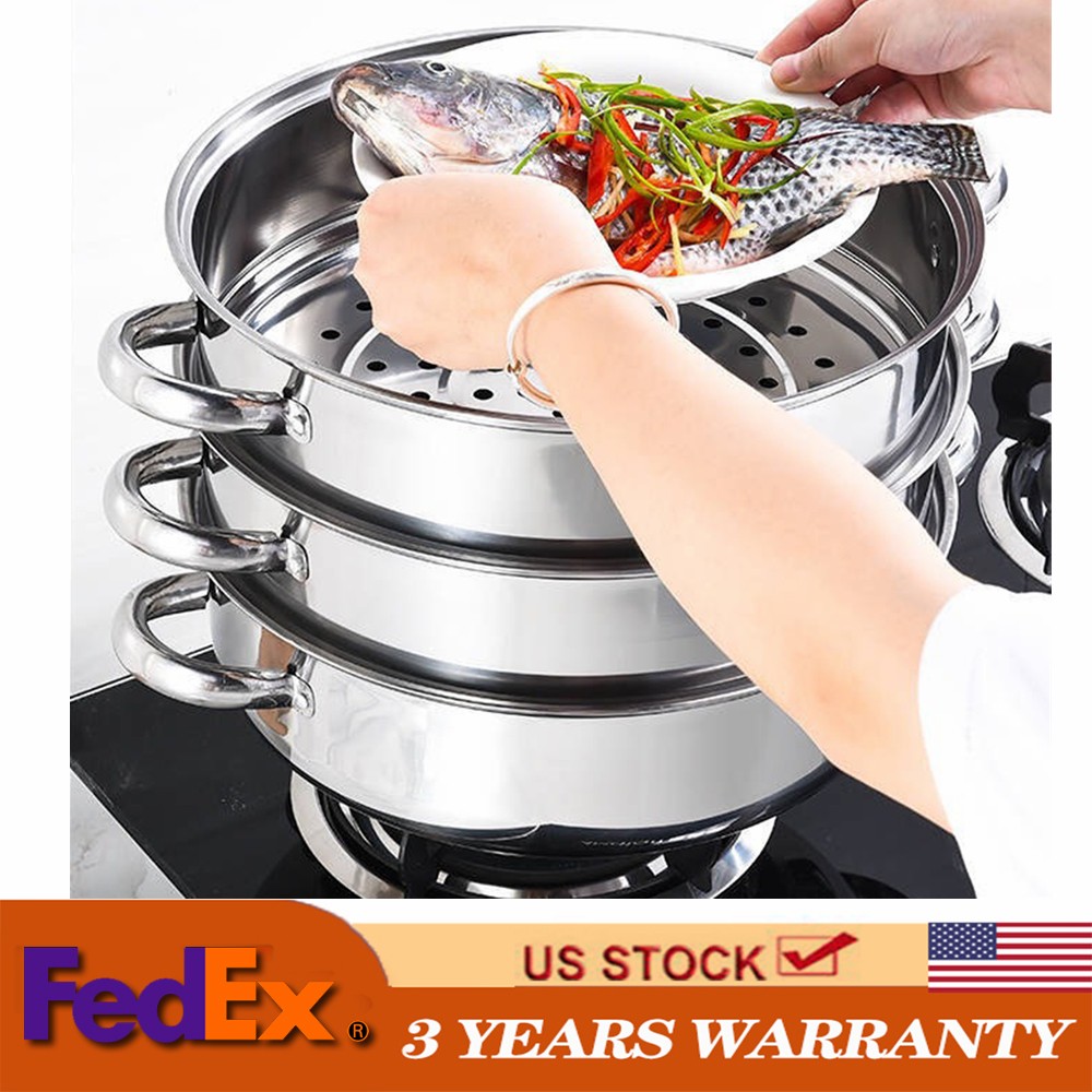 3 Tier Steamer Hot Pot Stainless Steel Cooker Steam Pot Food Cooking + Glass Lid