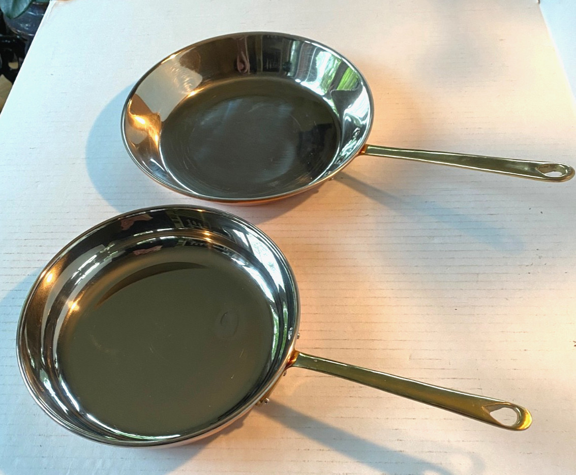 Pair (2) Copper Stainless Frying Pans Stainless Interior Brass Riveted Handles