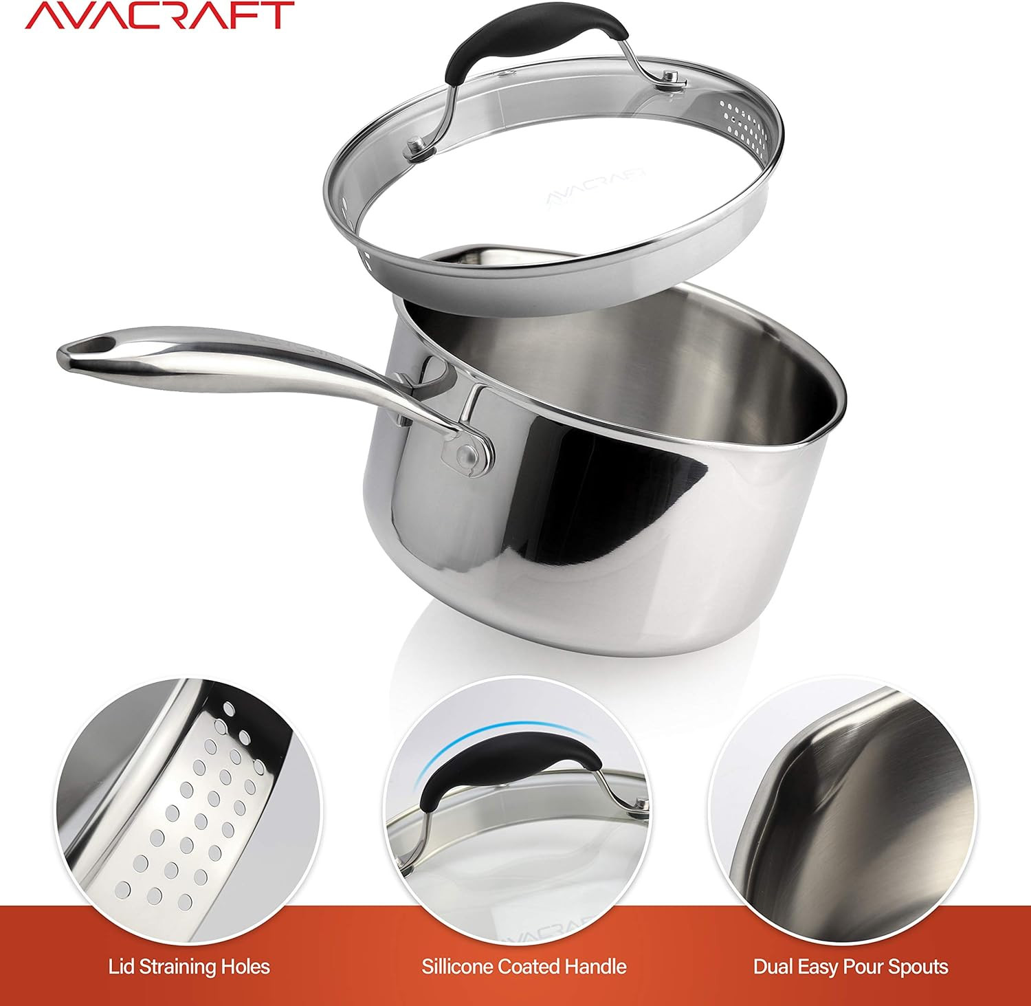 Tri-Ply Stainless Steel 3.5QT Saucepan with Glass Lid & Strainer Spouts