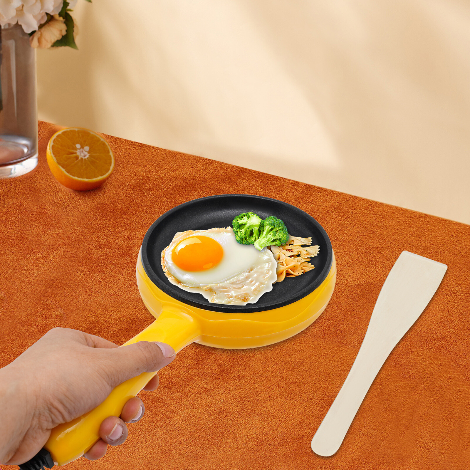 110V Stainless Steel Non-Stick Electric Skillet Yellow Mini Round Frying Pan