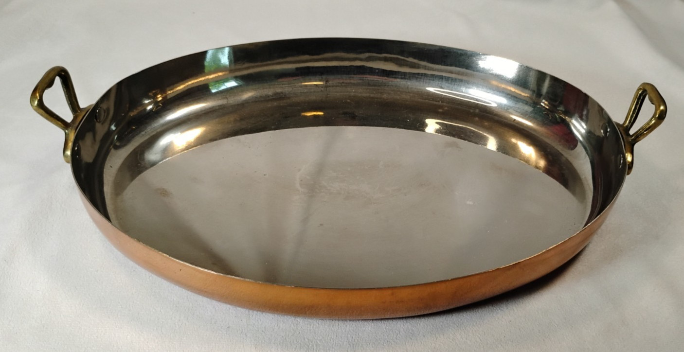 French Style Copper Cookware Au Gratin Pan Brass Oval 12.5″ Stainless