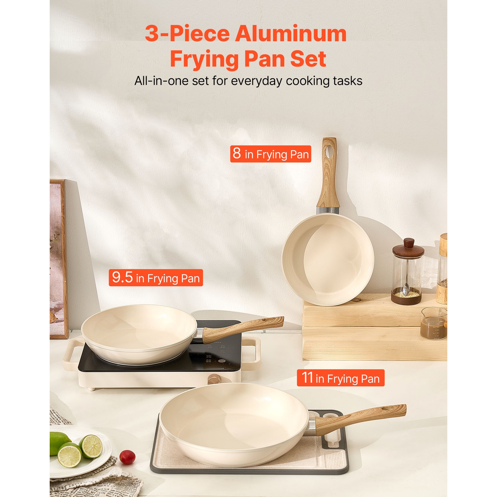Uimoso 3-Piece Aluminum Frying Pan Set with Handles – 8, 9.5, 11 Inches, Beige