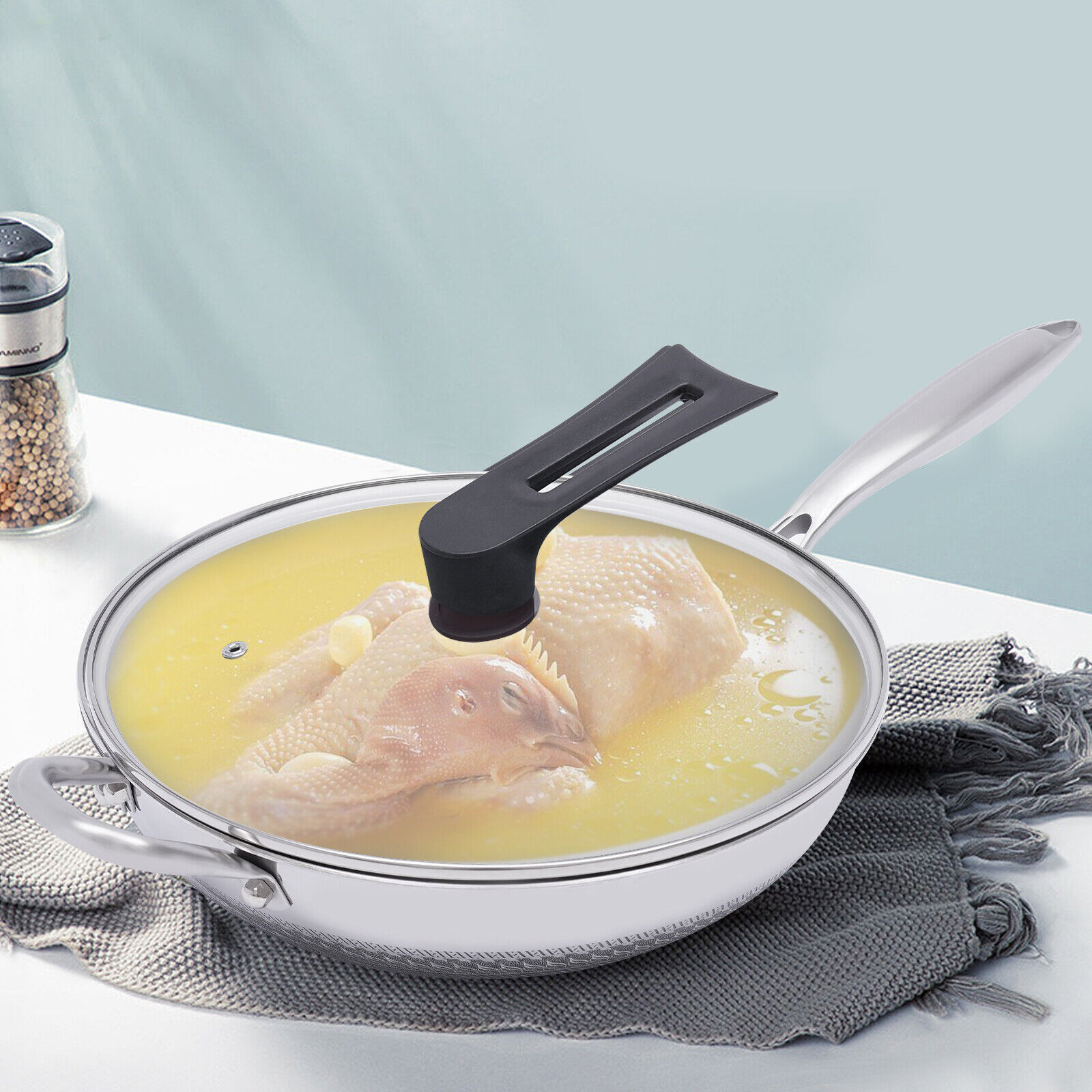 Non Stick Double Sided Honeycomb Cooking Frying Wok Pan with Lid Stainless Steel