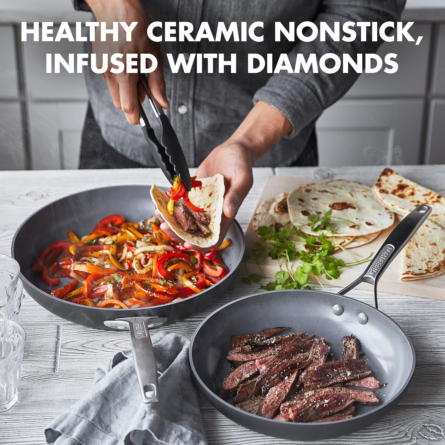 Healthy Nonstick Ceramic Frying Pan Set, 10″ & 12″, PFAS-Free, Grey