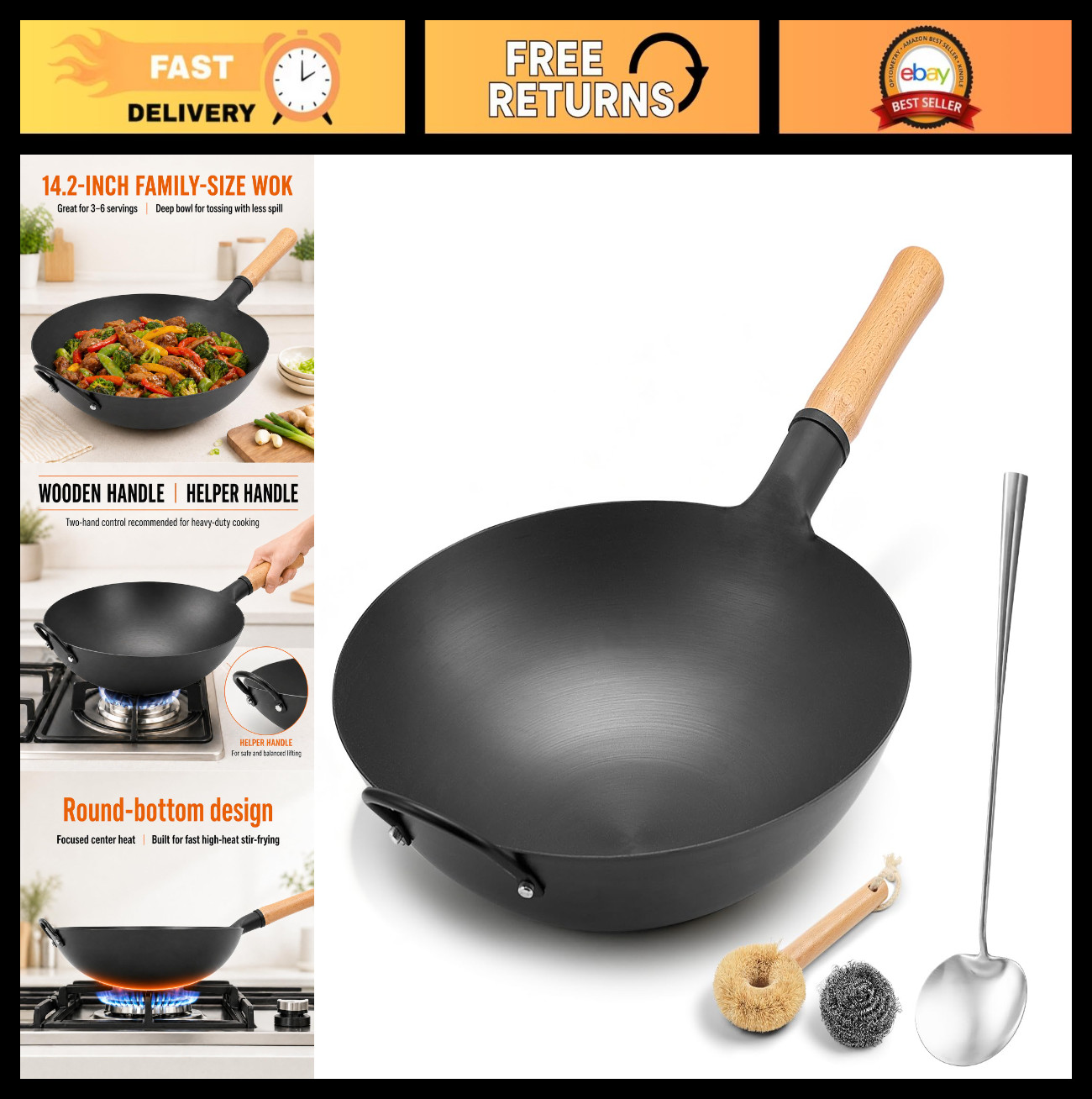 14.2″ Round Bottom Carbon Steel Wok – Nitrided Iron Stir Fry Pan, Wooden Handle,