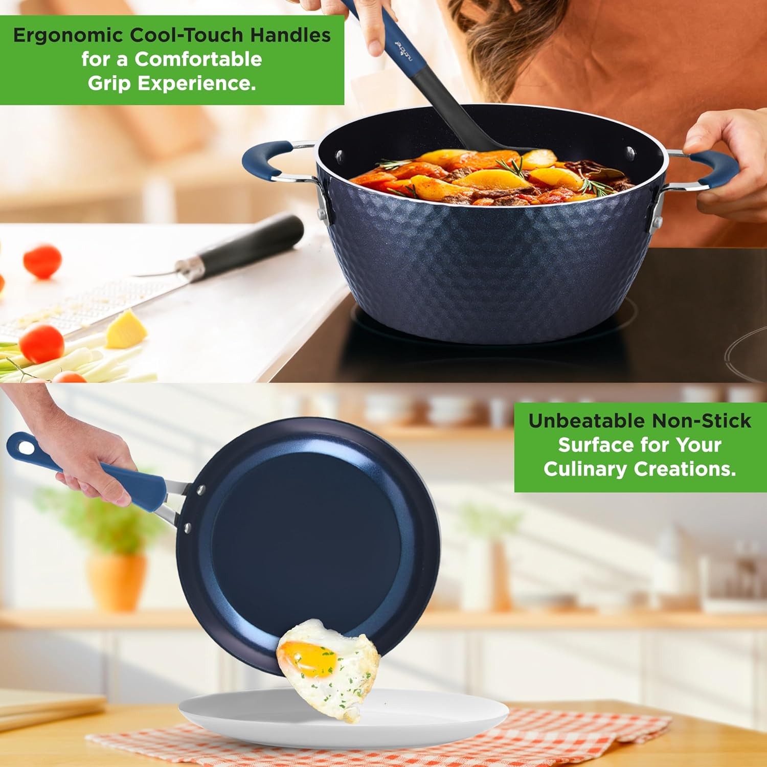 NutriChef 11 Piece Pots and Pans Set – Non Stick Cookware Set – Diamond Blue