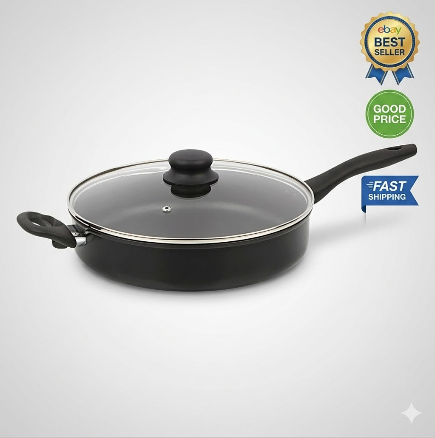 4Qt Jumbo Cooker Frying Pan 28cm Nonstick Black w/ Glass Lid Deep Skillet