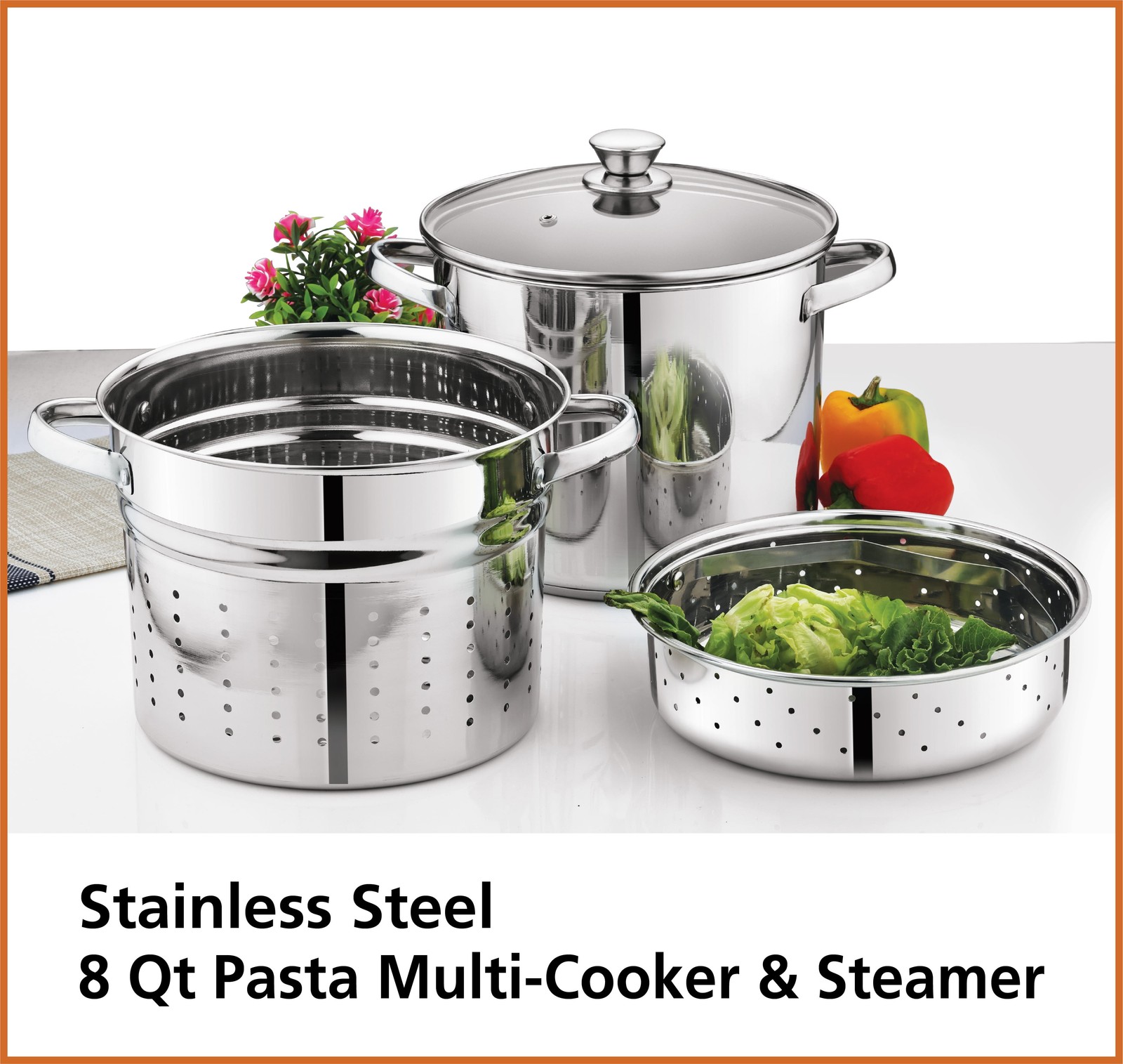 Multi-Cooker Set with Lid 8 Qt Pasta Steam Pot Stainless Steel Steamer Basket