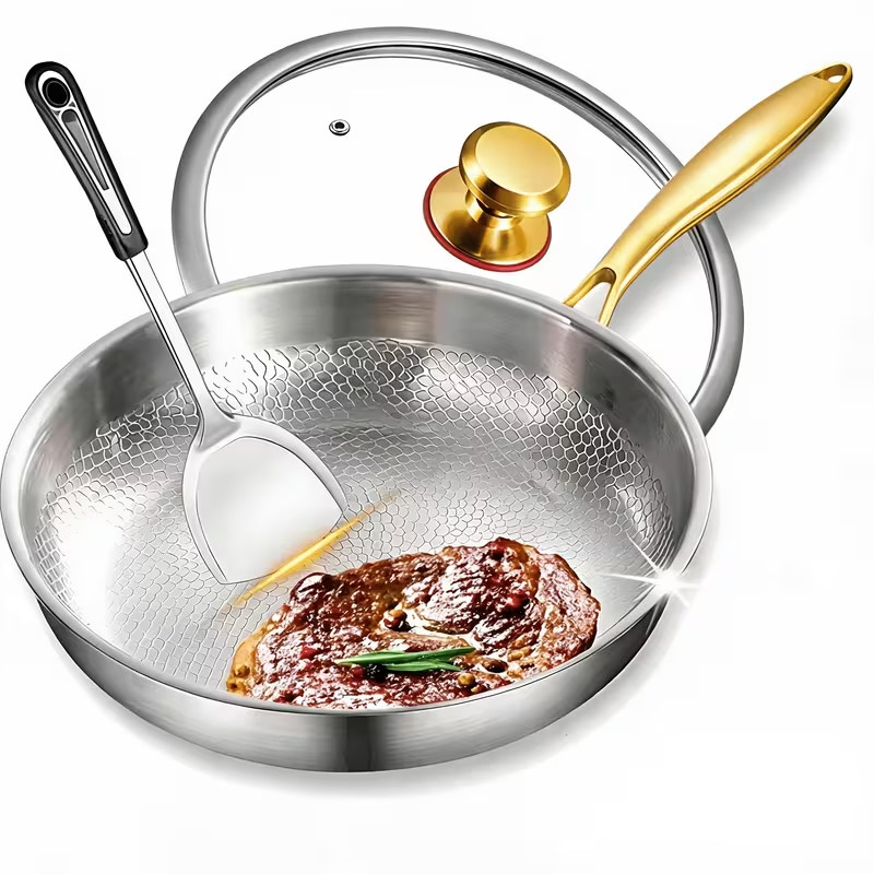 Pure Titanium Hammered 11.02″ Pan w/Lid, Multifunction Durable Non Stick, Gold