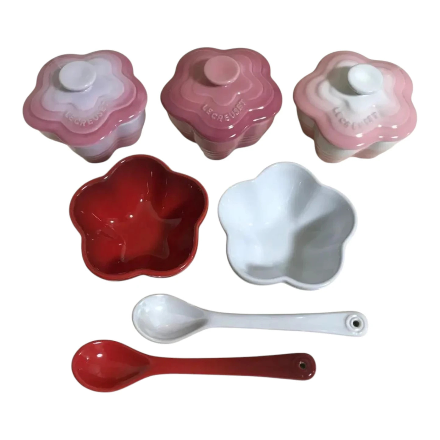Le Creuset Mini Fleur Rum Can White Luster Cherry Red StoUsed are Used