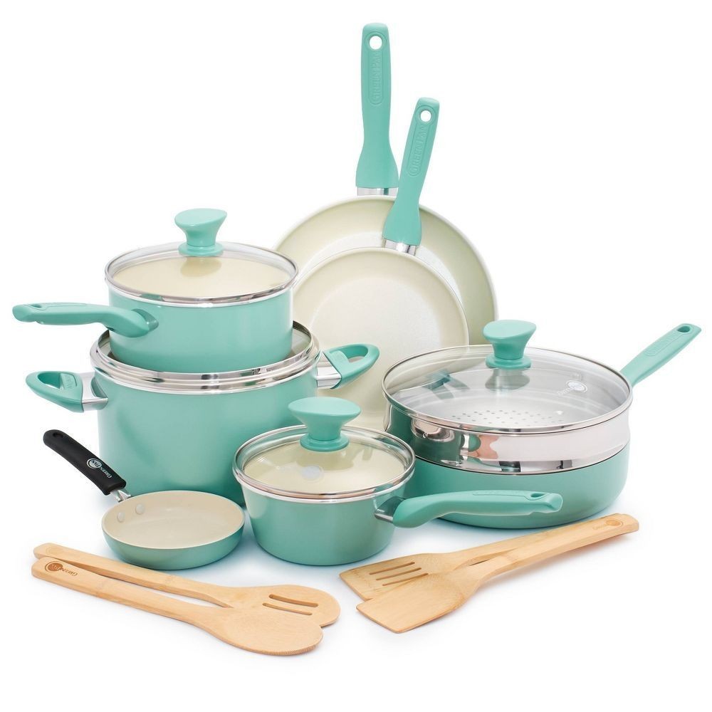 GreenPan Rio 16pc Cookware Set Turquoise Nonstick Ceramic Pots & Pans NEW