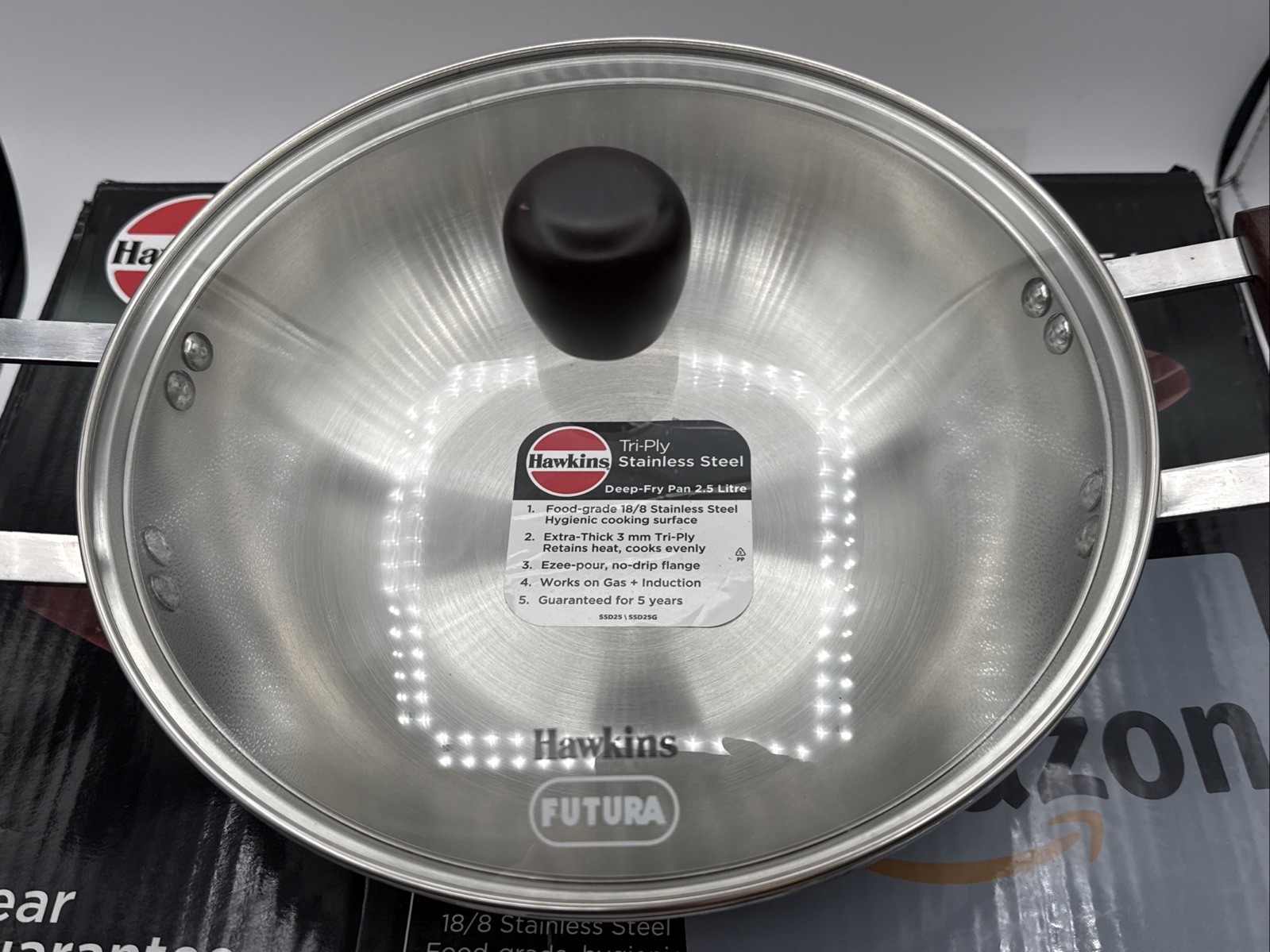 2.5 Litre Deep Fry Pan, Triply Stainless Steel Kadai with Glass Lid Flat Bottom