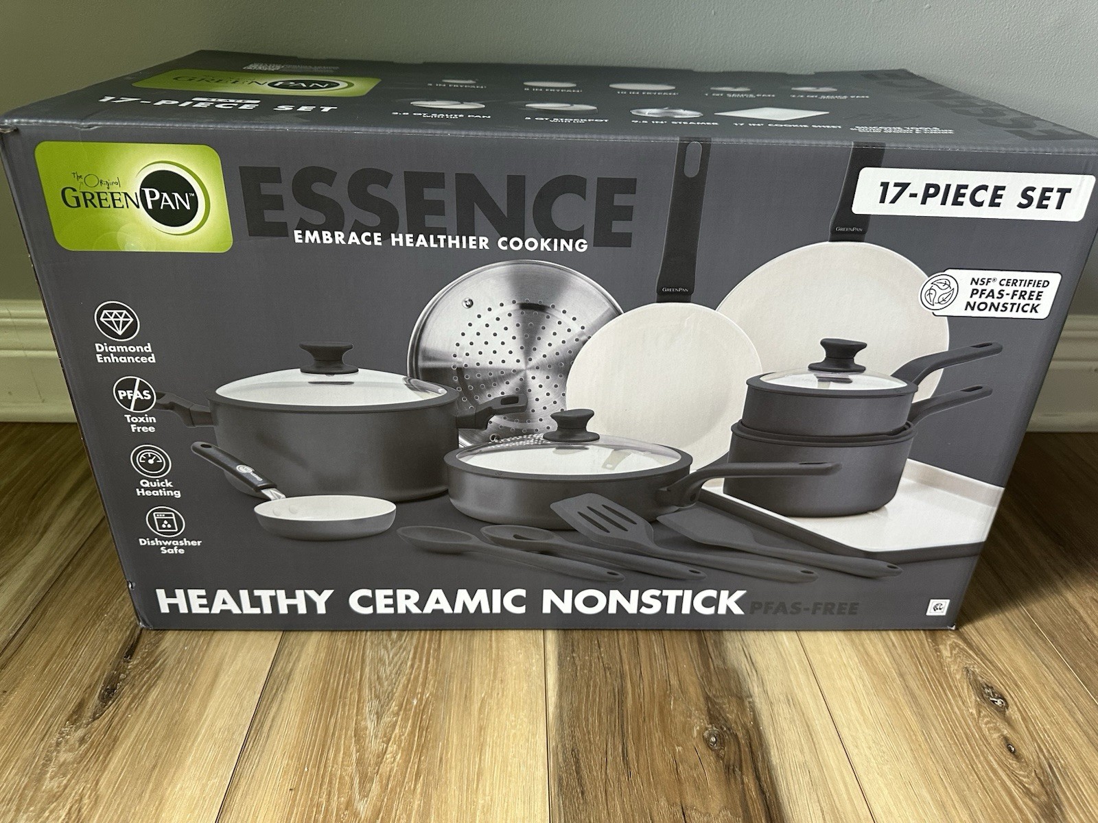 GreenPan Essence 17 Piece Cookware Set Non-Toxic Ceramic Nonstick Pots & Pans