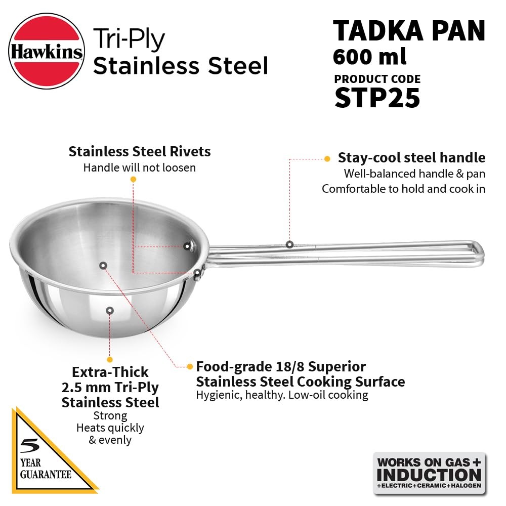 2.5 Cup Tadka Pan, 600ml Triply Stainless Steel Pan, Silver (STP25)