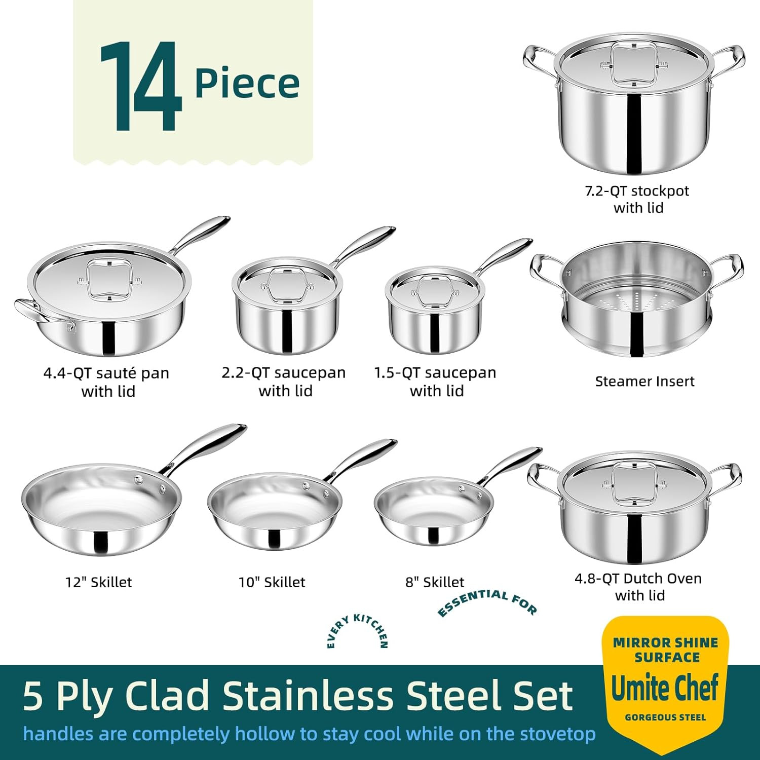 Stainless Steel Cookware Set, 5 Ply 14 Piece Stainless Steel Pot and Pan Set-Ind