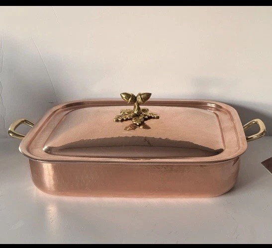Ruffoni Hammered Copper 5.5 Qt 36cm Rectangular Roasting Pan Brass Acorn Finial