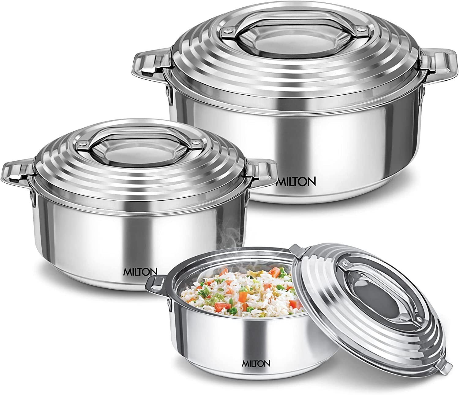Milton Thermosteel Galaxia Insulated Casseroles, Set of 3, Silver (1000ml, 1500m