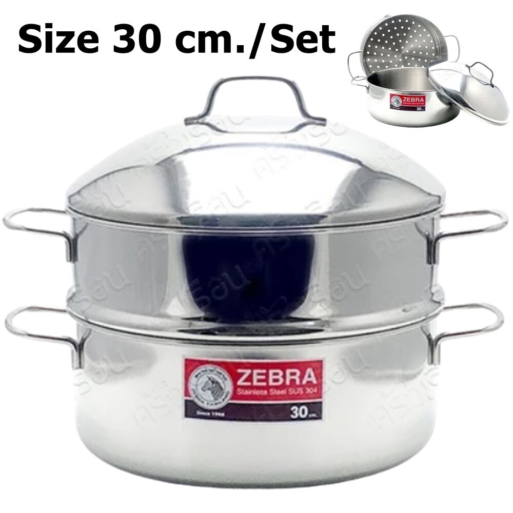 Thai Traditional Zebra Brand Stainless Steel Steamer Set Pot Size 30 cm.(3 Pcs.)