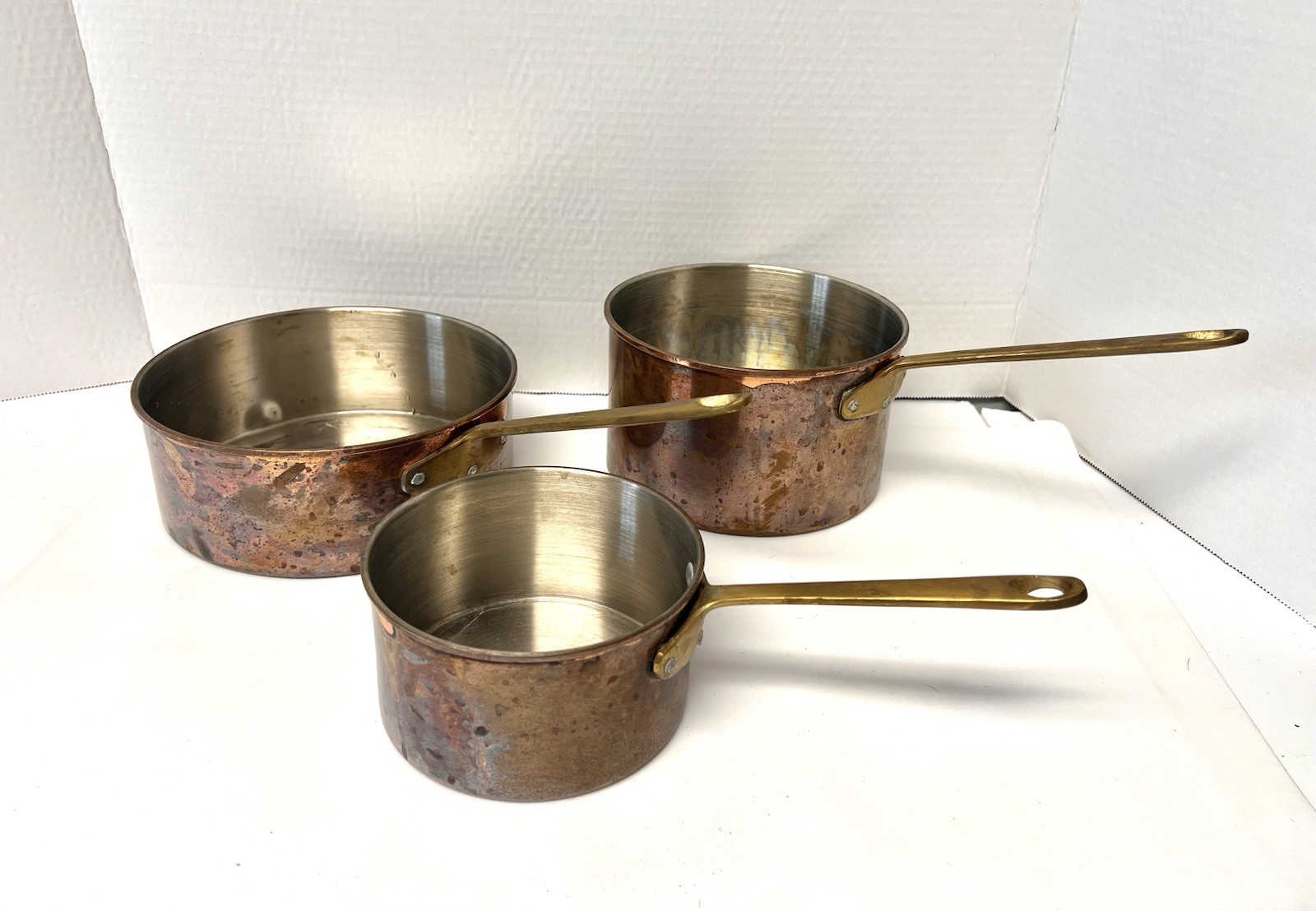 3 Tin-Lined Copper Sauce Pans w/ Brass Handles – 5, 6.5, 7 Inch Diameters