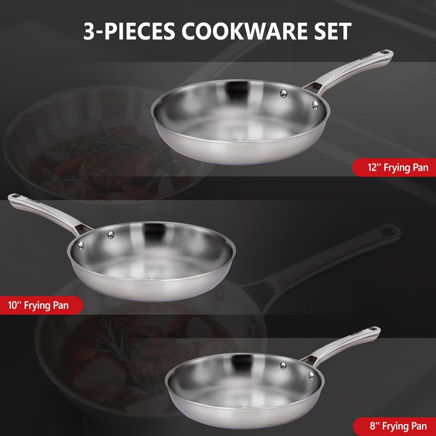 ROVSUN 8-10-12 Inch Stainless Steel Cookware Set, 3 Pcs Tri-Ply Skillets Set, Fu