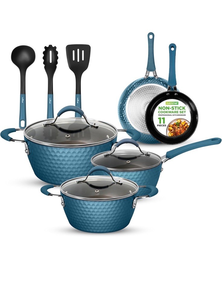 NutriChef 11 Pc Ceramic Cookware Set – Excilon Blue Diamond, Nonstick,