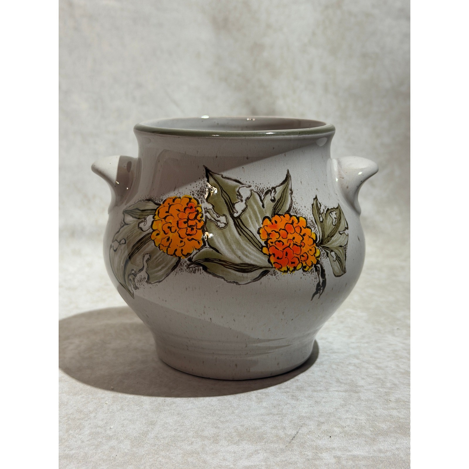Pfalzkeramik Germany Marigold Floral Stoneware Crock Speckled Pottery Planter