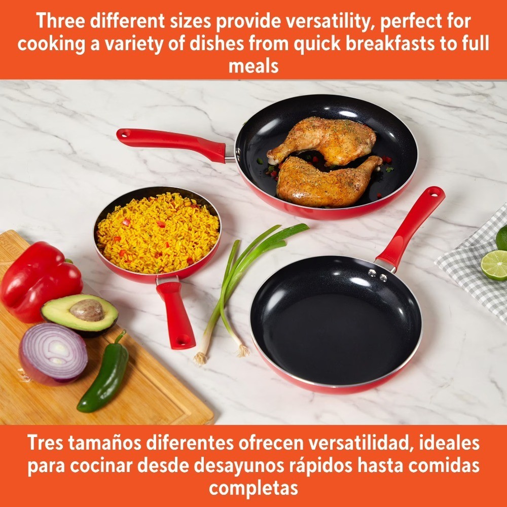 Nonstick Ceramic Cookware Set 3-Piece Red Aluminum Stay-Cool Handles Skillets 7