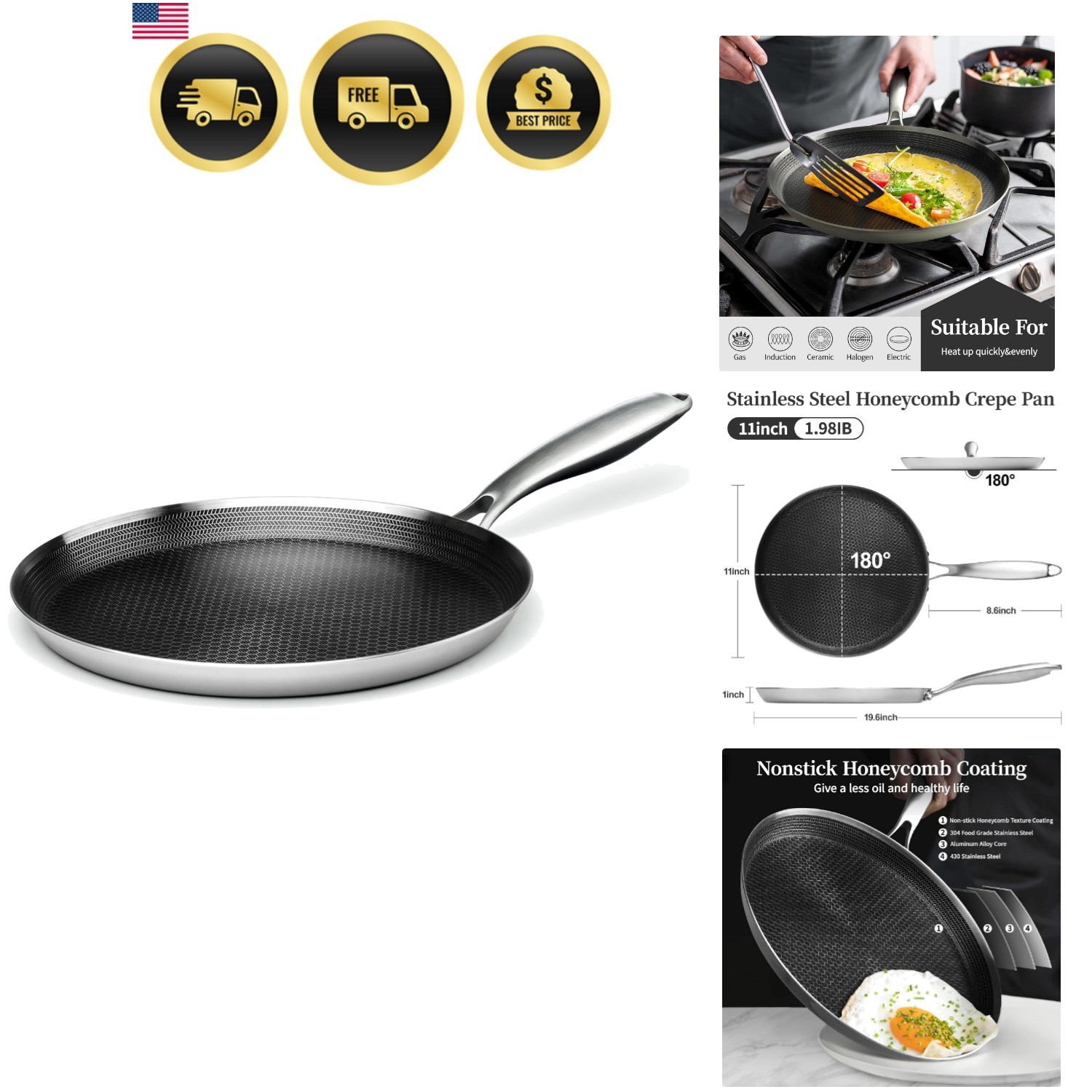 Stainless Steel Crepe Pan – 11inch Nonstick Crepe Pan, Stainless Steel Honeyc…