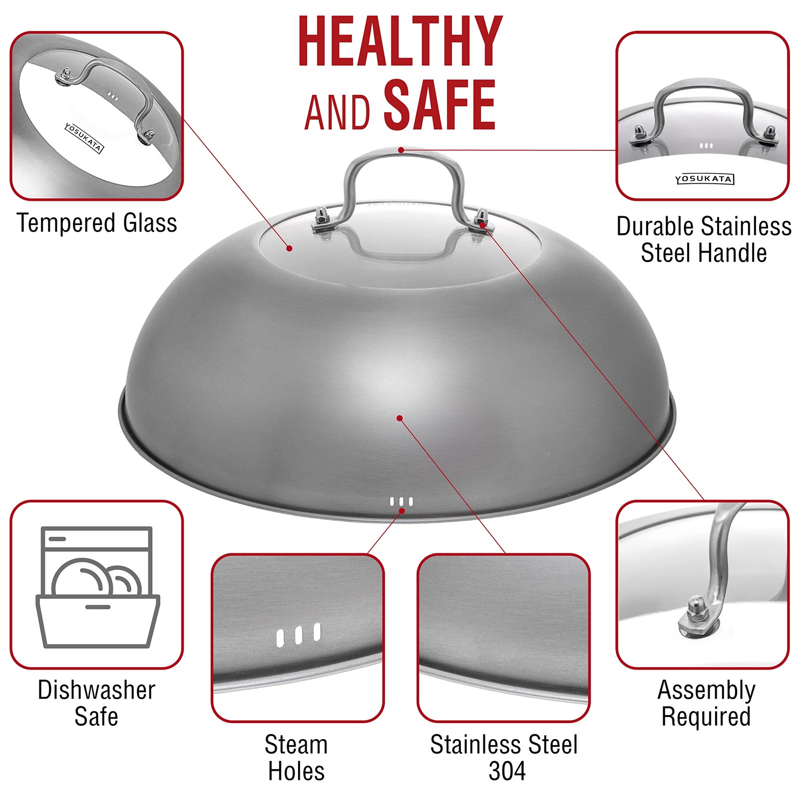 Wok Lid 12.8 In for 13.5-In Wok – Premium Stainless Steel Cover with Tempered…