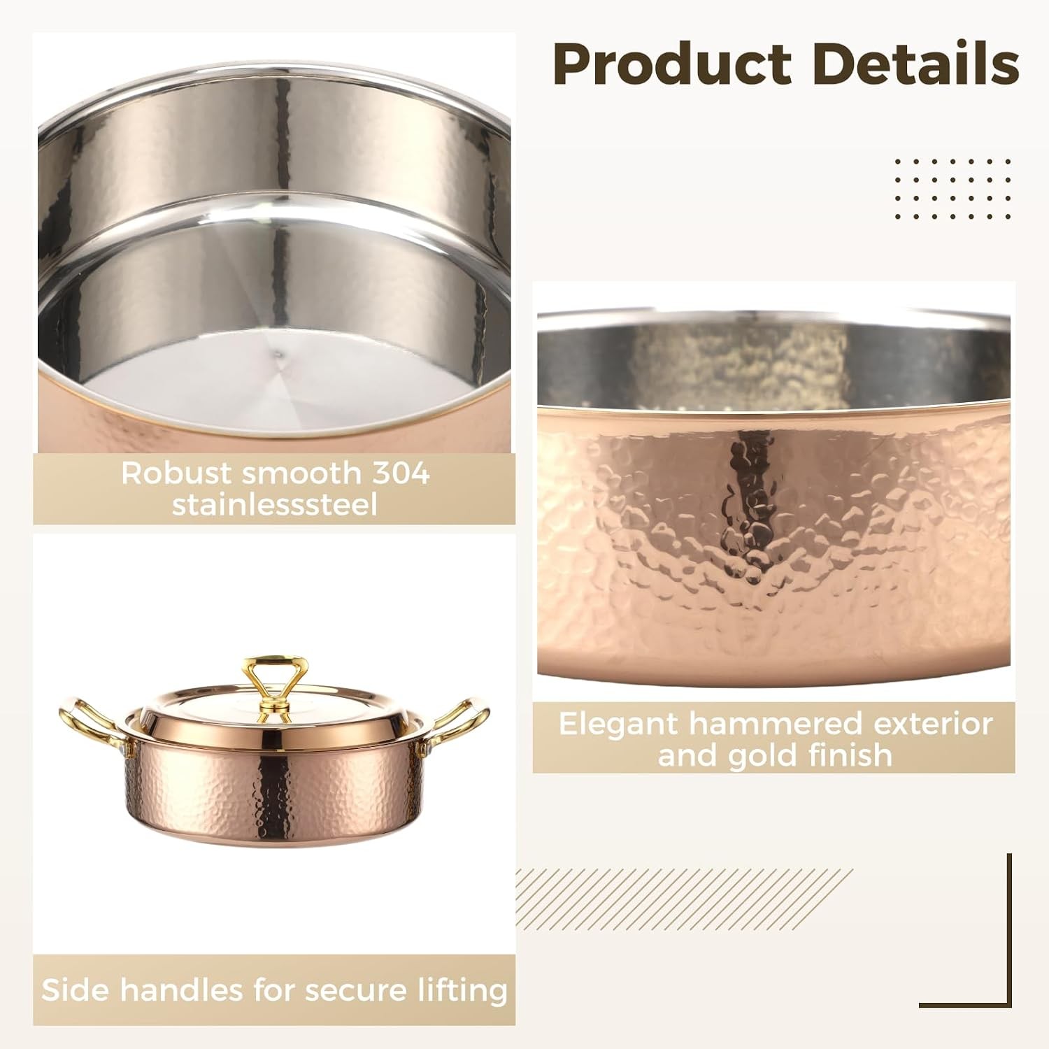 Hammered Copper Cookware W/ Lid 10.2 in/4.2QT Rose Gold Stainless Steel Pot US