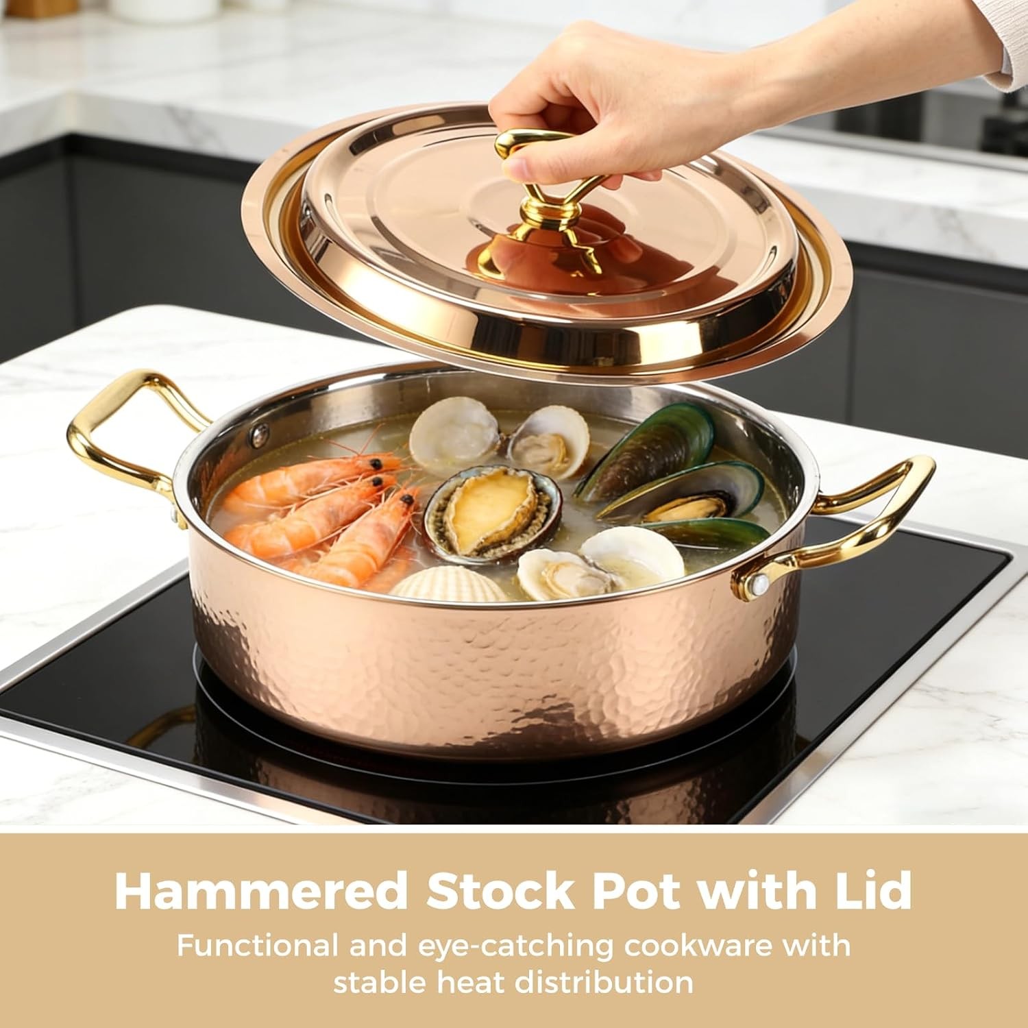 Hammered Copper Cookware W/ Lid 10.2 in/4.2QT Rose Gold Stainless Steel Pot US