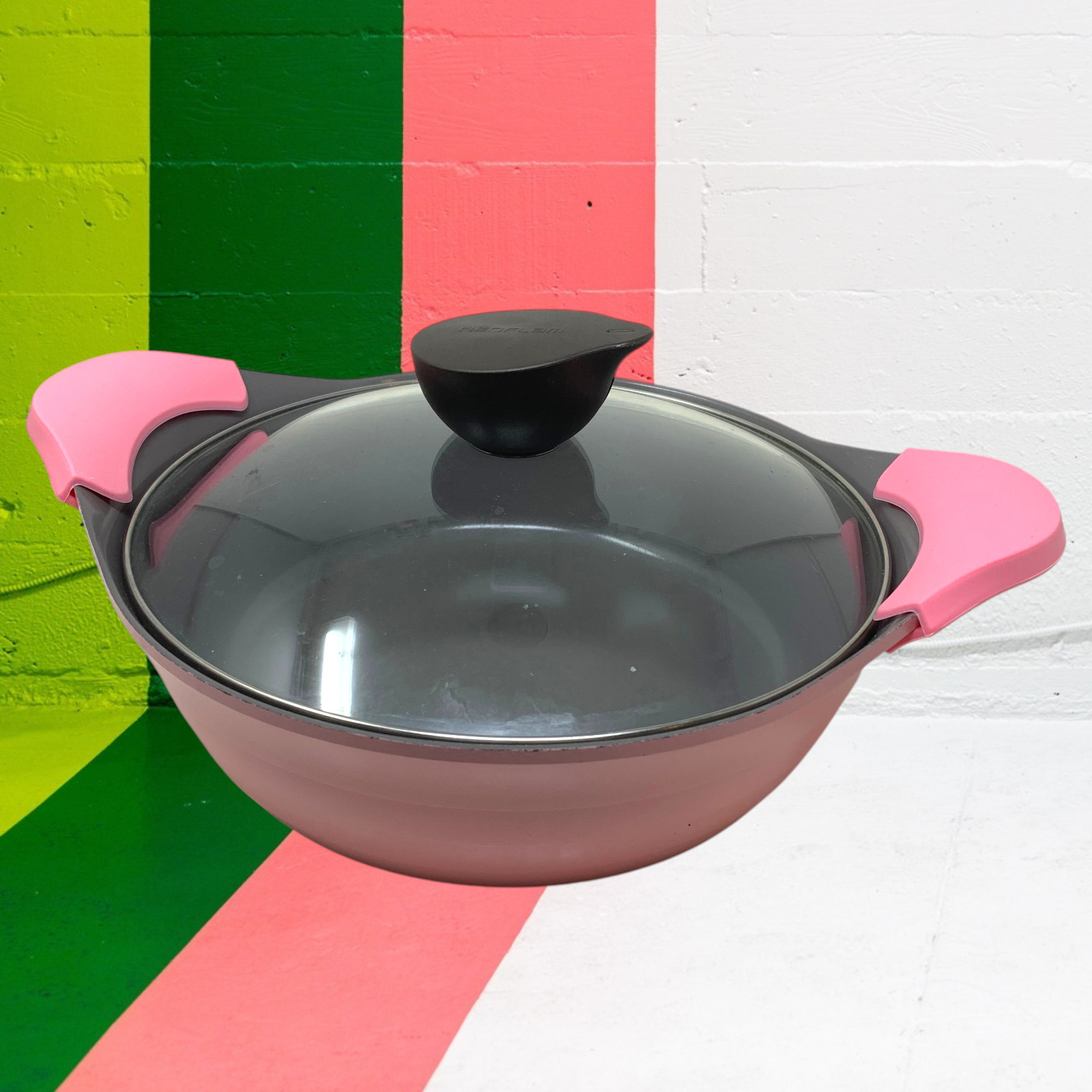Neoflam Pink Enamel Dutch Oven Stock Pot Glass Lid Silicone Handles Korea
