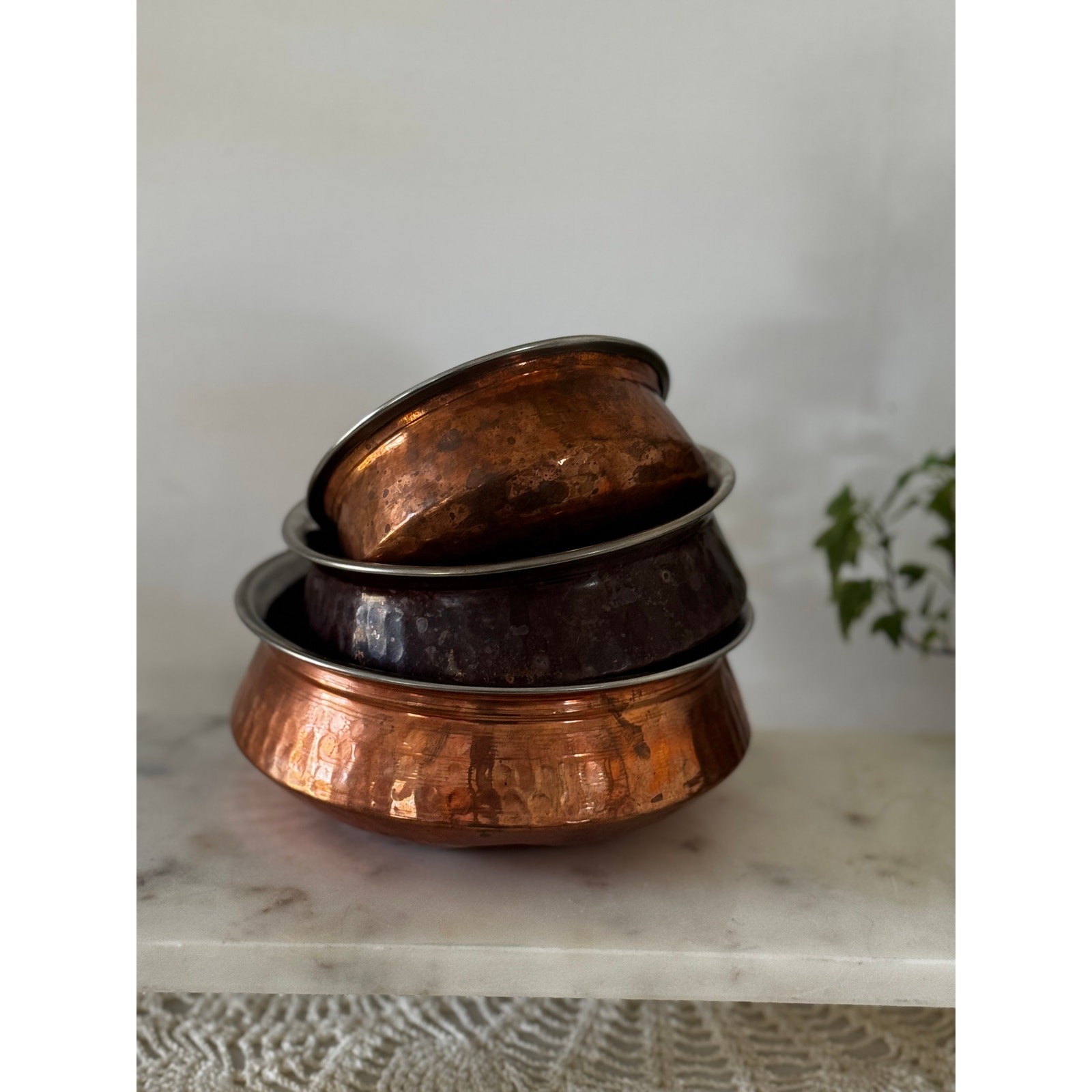 Vintage Hammered Copper Bowl Set Stainless Lined Kitchen Decor