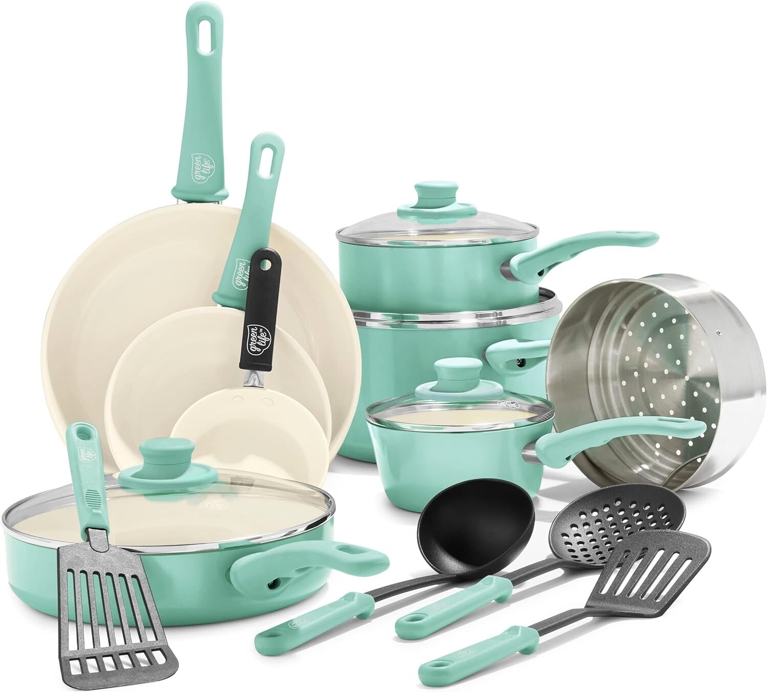 16Pcs Healthy Ceramic Nonstick Cookware Set Lid Kitchen Pots Pans Portable Gift