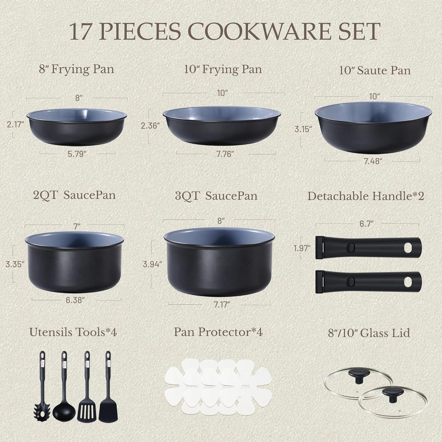 17PCS Ceramic Cookware Sets, Black and Gray, Pots and Pans Set Non Stick Non Tox