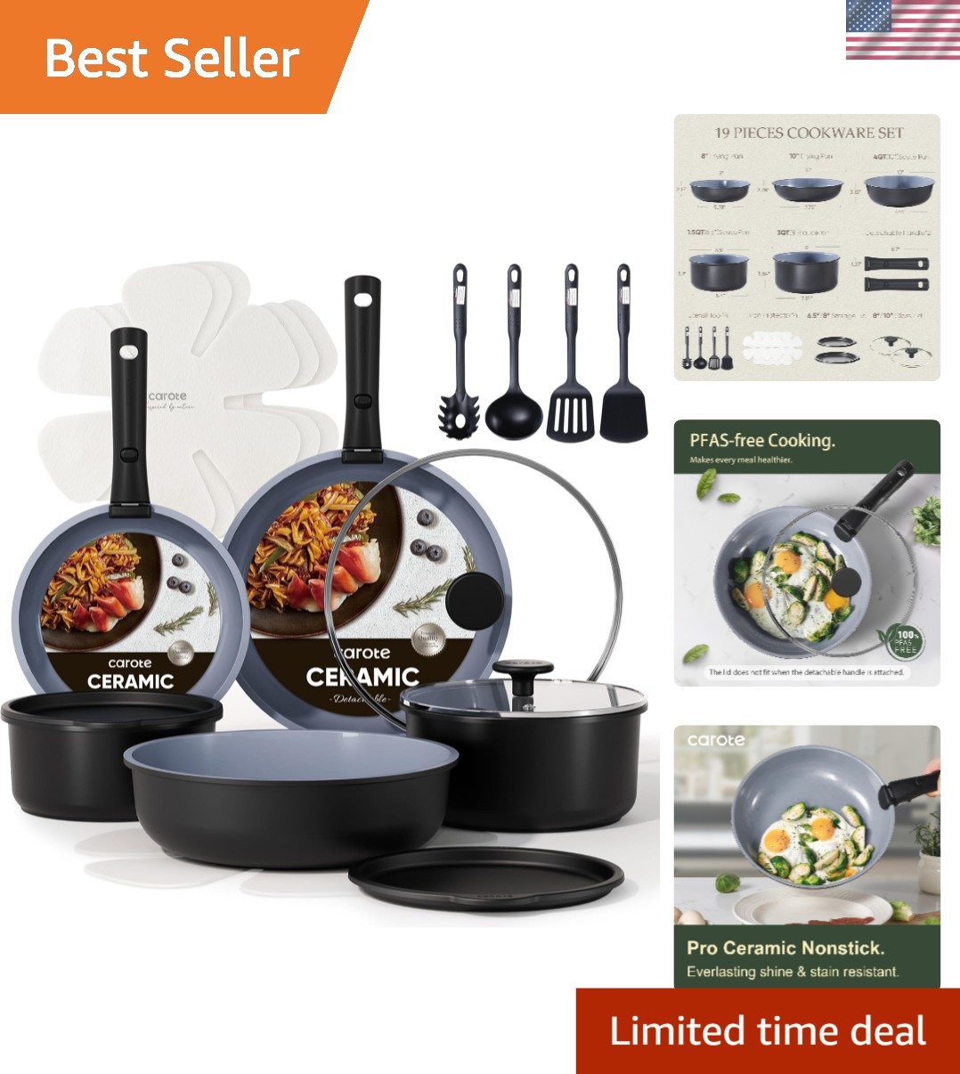 19PCS Ceramic Cookware Set with Detachable Handles for Versatile Cooking