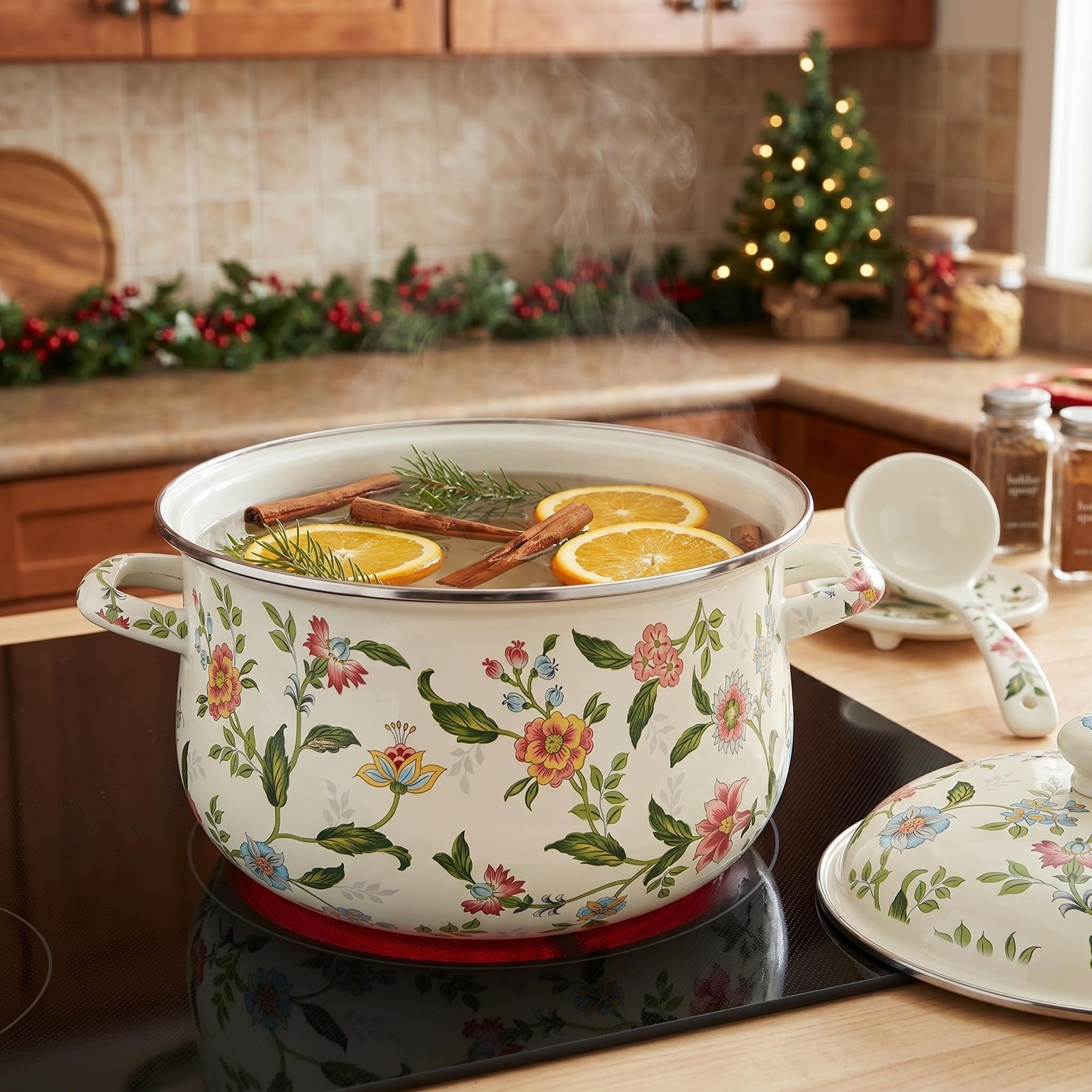 5 Quart Enamel Stockpot with Lid, Green Floral Enamelware Cooking Pot with Du…