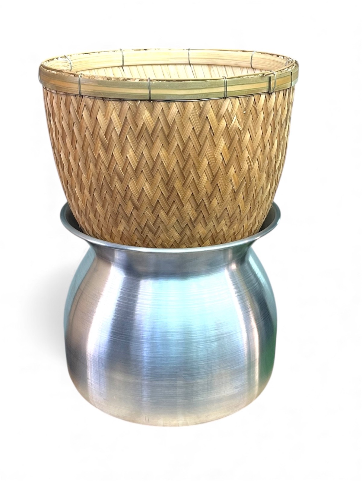 Thai Sticky Rice Steamer Set 2 pcs | 24 cm Aluminum Pot + 26 cm Bamboo Basket |
