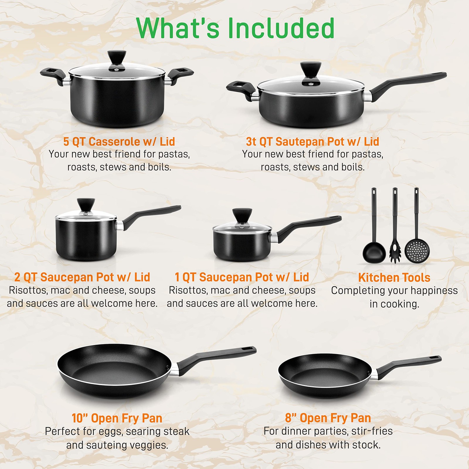 Nutrichefkitchen 13-Piece Nonstick Kitchen Cookware Set -Ptfe/Pfoa/Pfos Heat