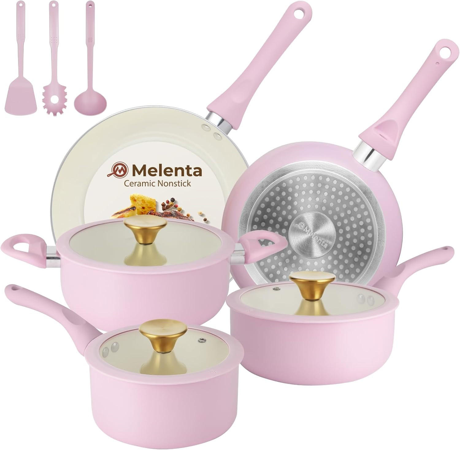Stylish 11-Piece Pink Non-Stick Cookware Set with Gold Knobs & Stay-Cool Handles