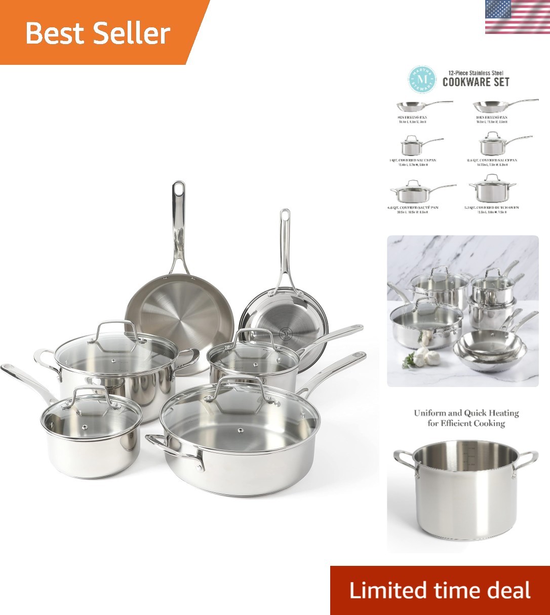 Castelle 10 Piece 18/8 Durable Stainless Steel Induction Safe Non-Toxic Tripl…