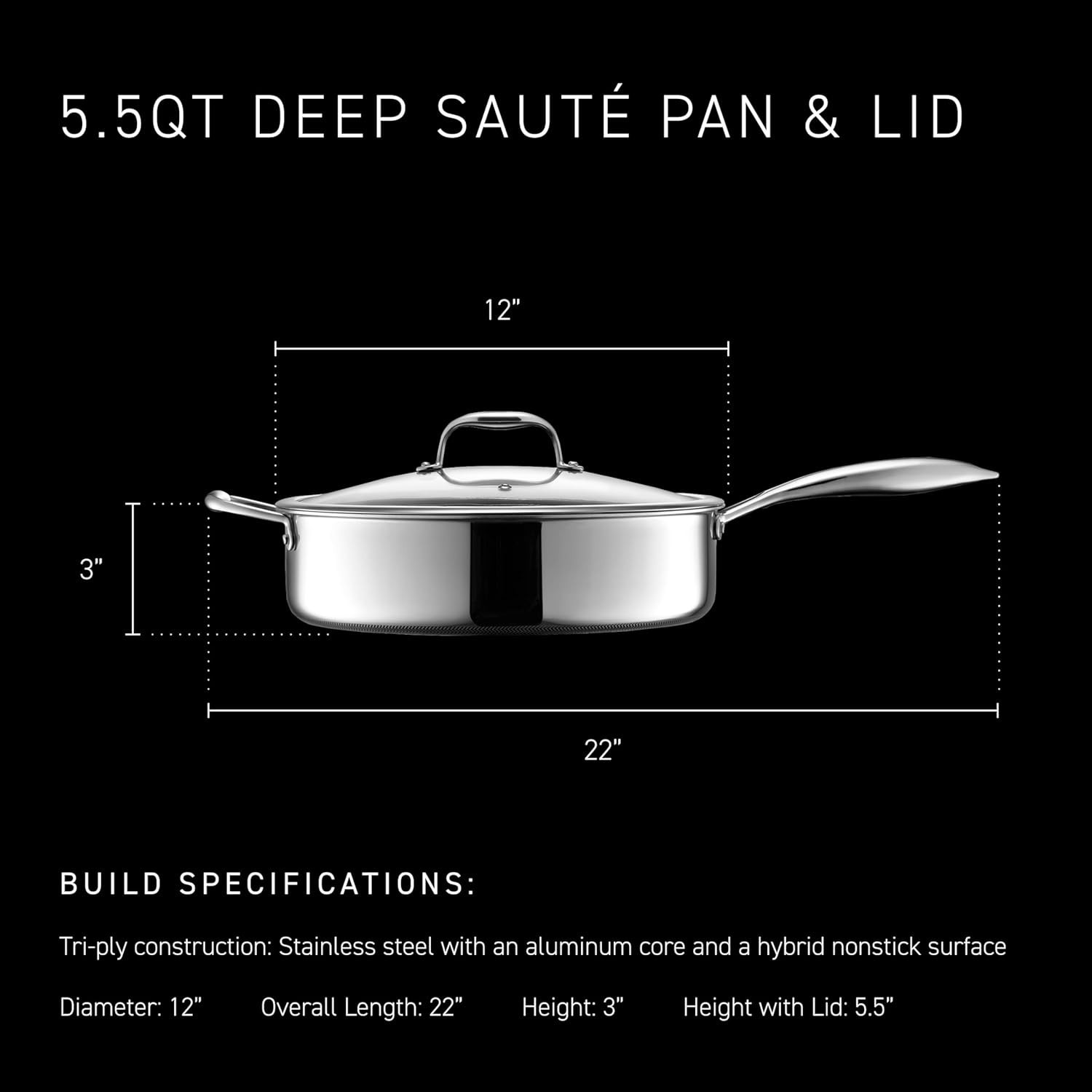 Nonstick Deep Sauté Pan 5.5 Quart with Glass Lid Induction Safe Dishwasher Safe