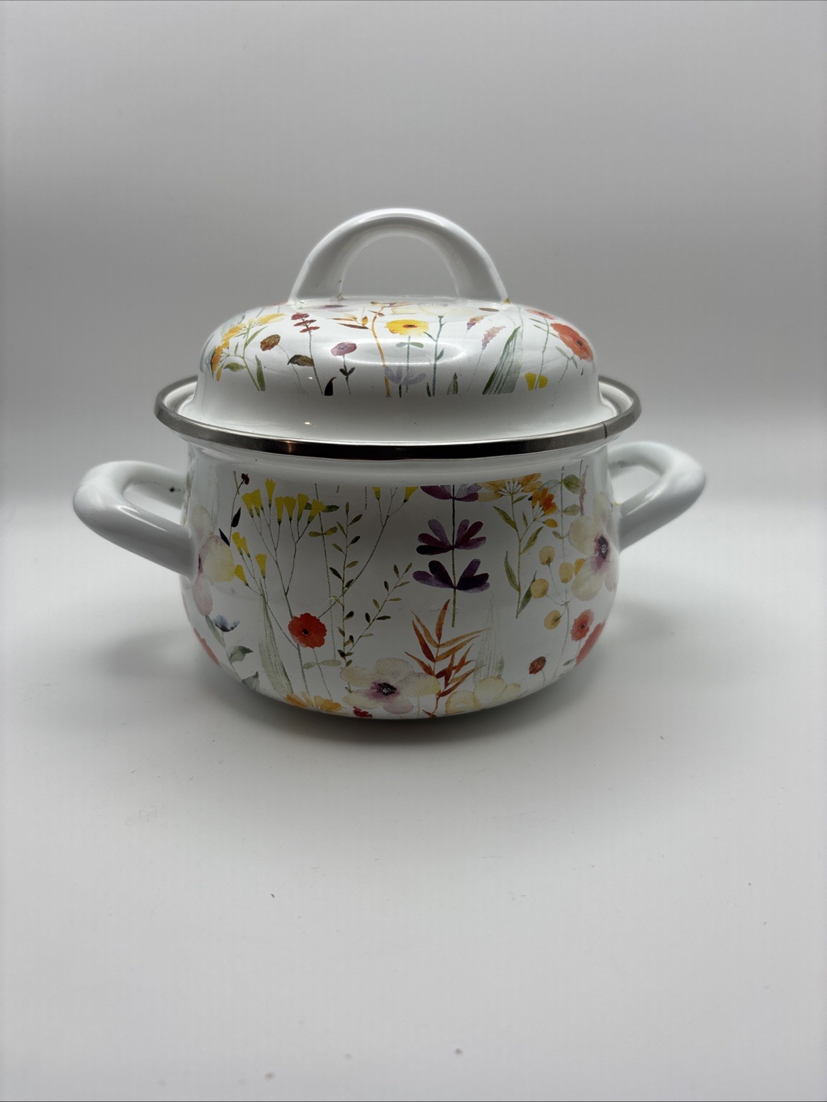 Crofton Mini Enameled Steel Pot Floral with Lid Double Handles New