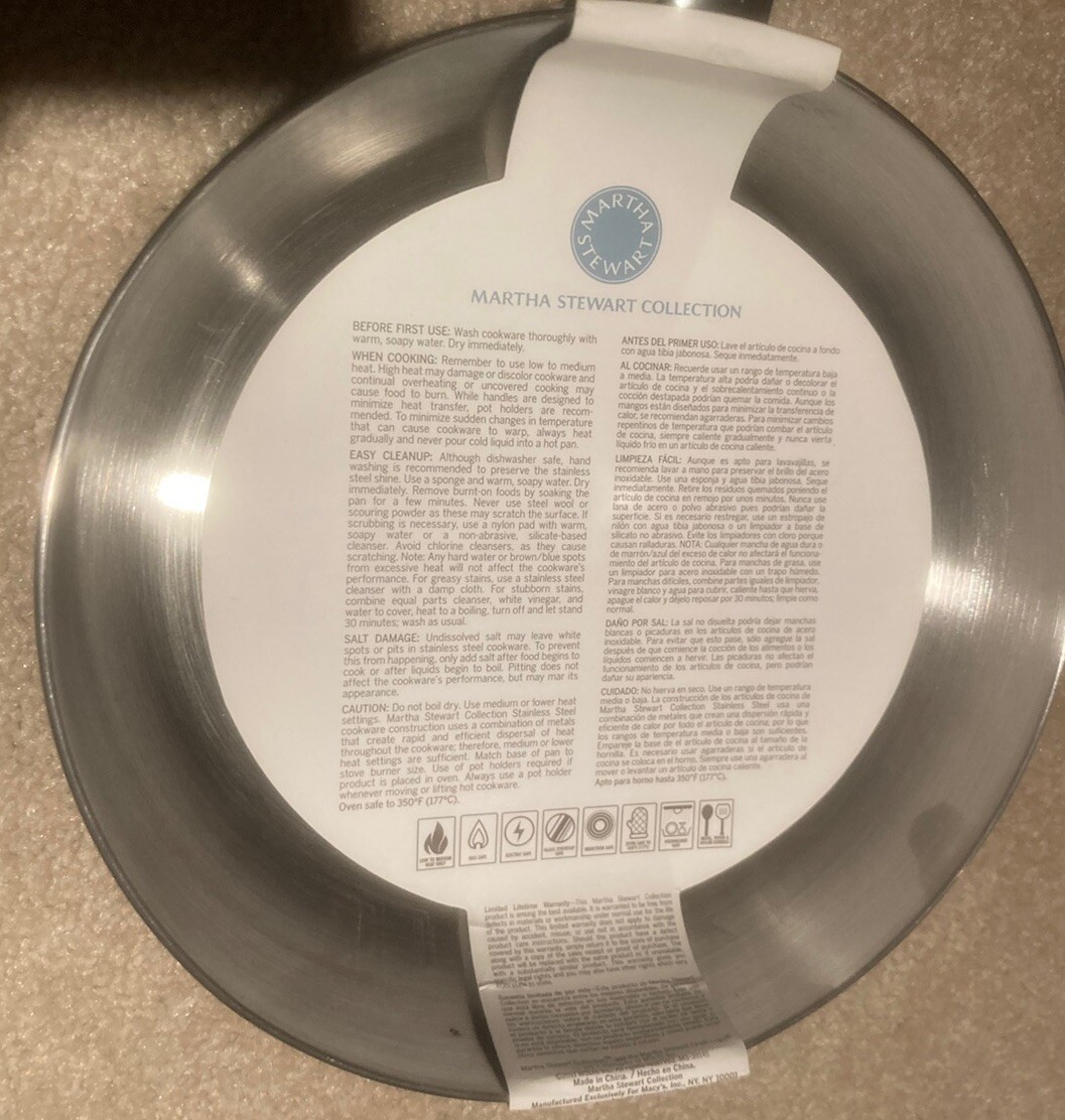 Martha Stewart Collection Stainless Steel Fry Pan 9.5in All Stovetops Even Heat