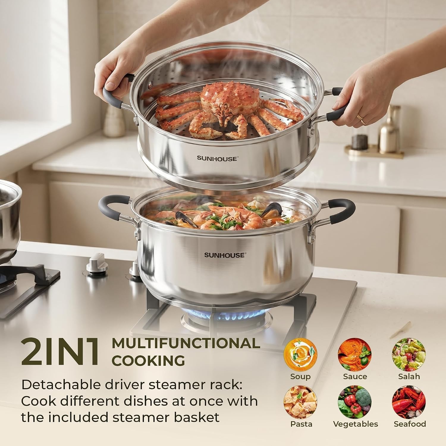 6.3Qt Stainless Steel Steamer Pot 2 Tier w/Glass Lid Induction