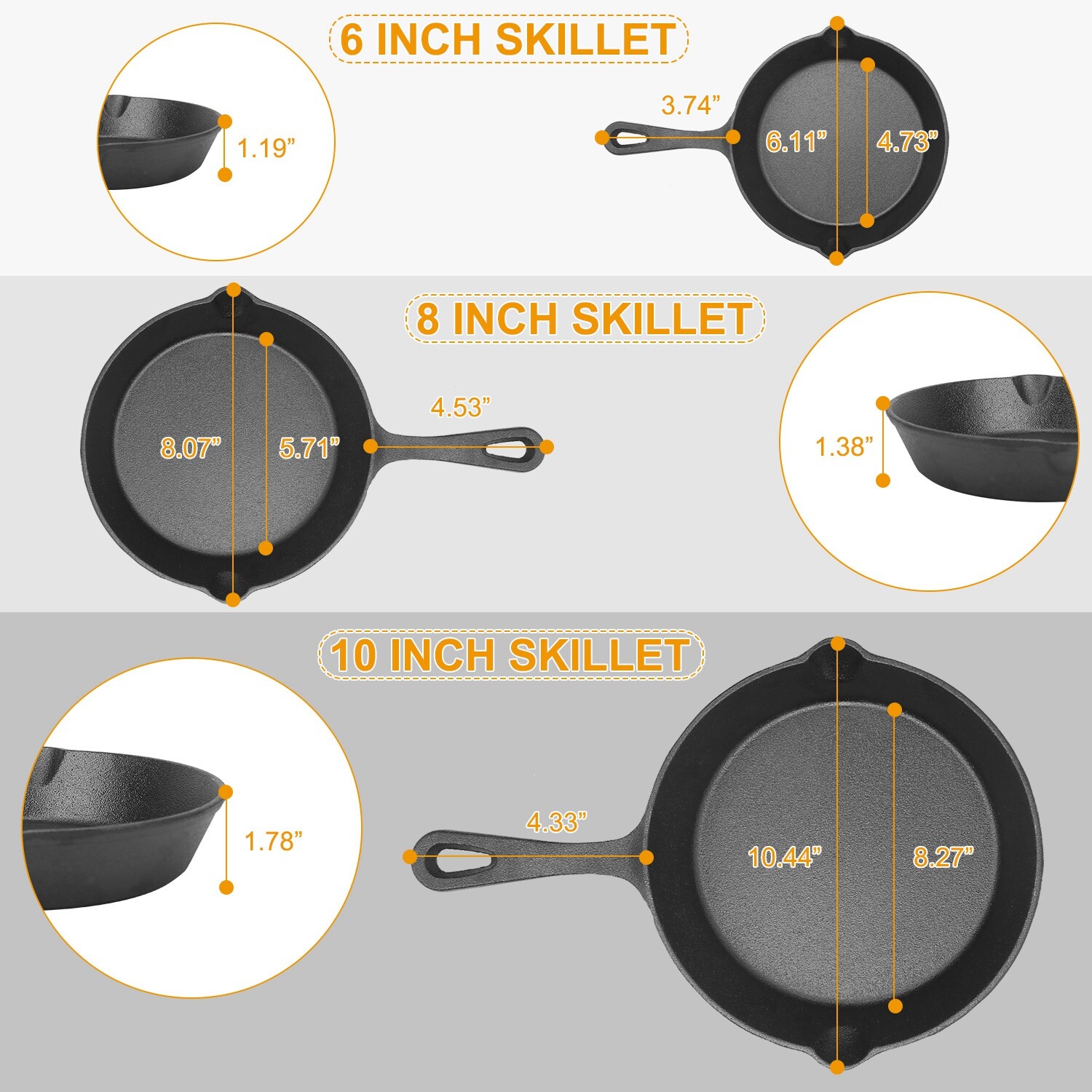 Frying Pan -Set of 3 Cast Iron Skillet w/ 10”/8”/6” Sizes -Nonstick Cookware