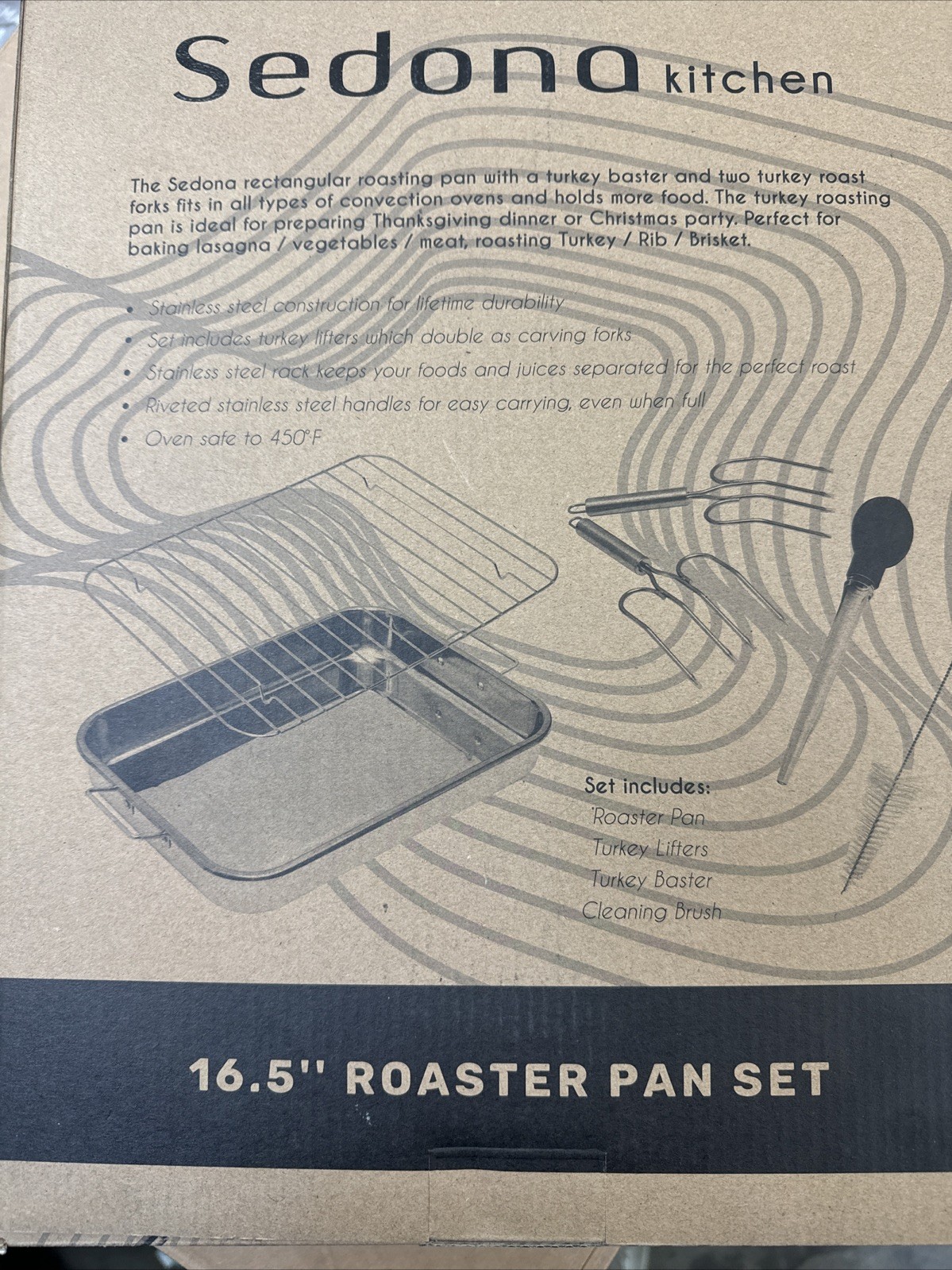 Sedona Kitchen 16.5 in Stainless Steel Roaster Pan Set 6-Piece New Boxed @